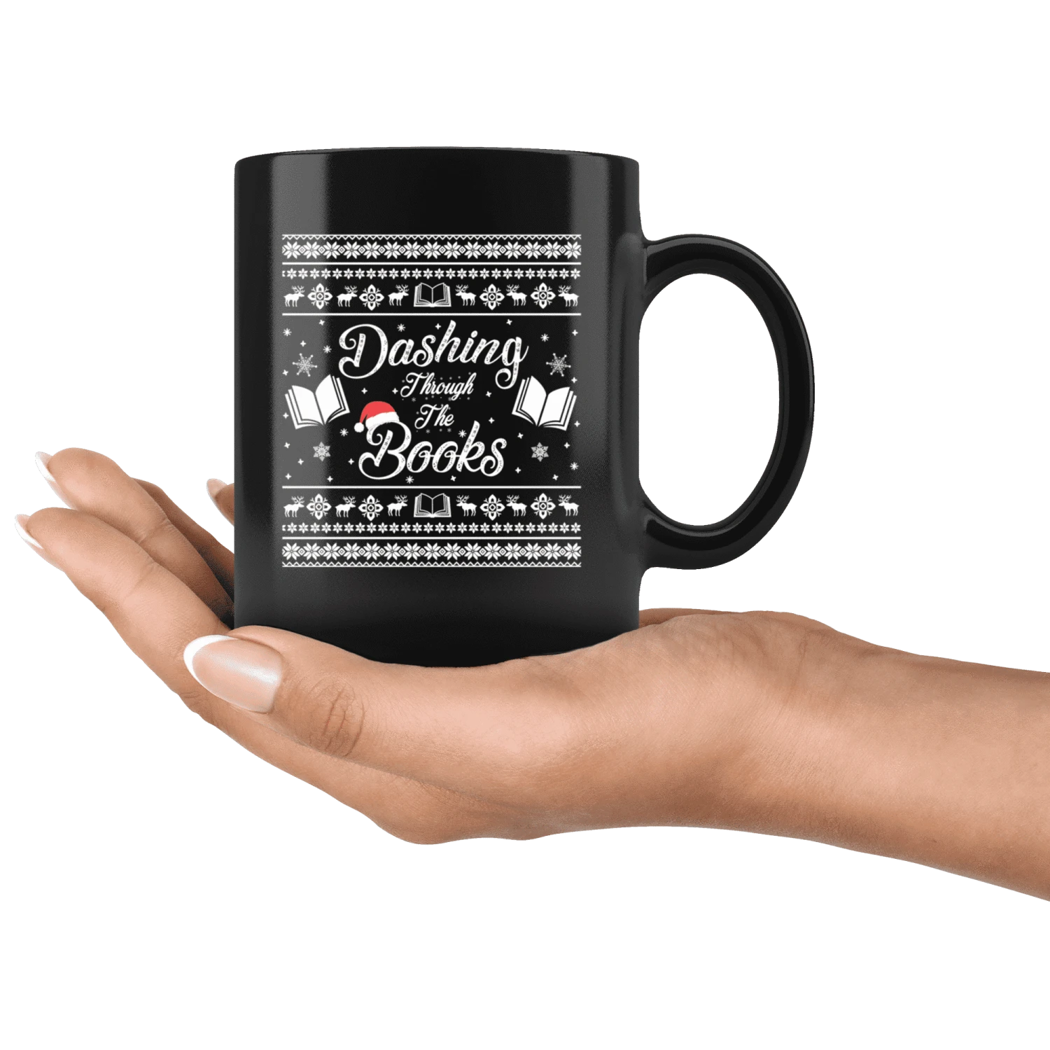 "Dashing Through The Books"11oz Black Christmas Mug 6 "Dashing Through The Books"11oz Black Christmas Mug - Image 4