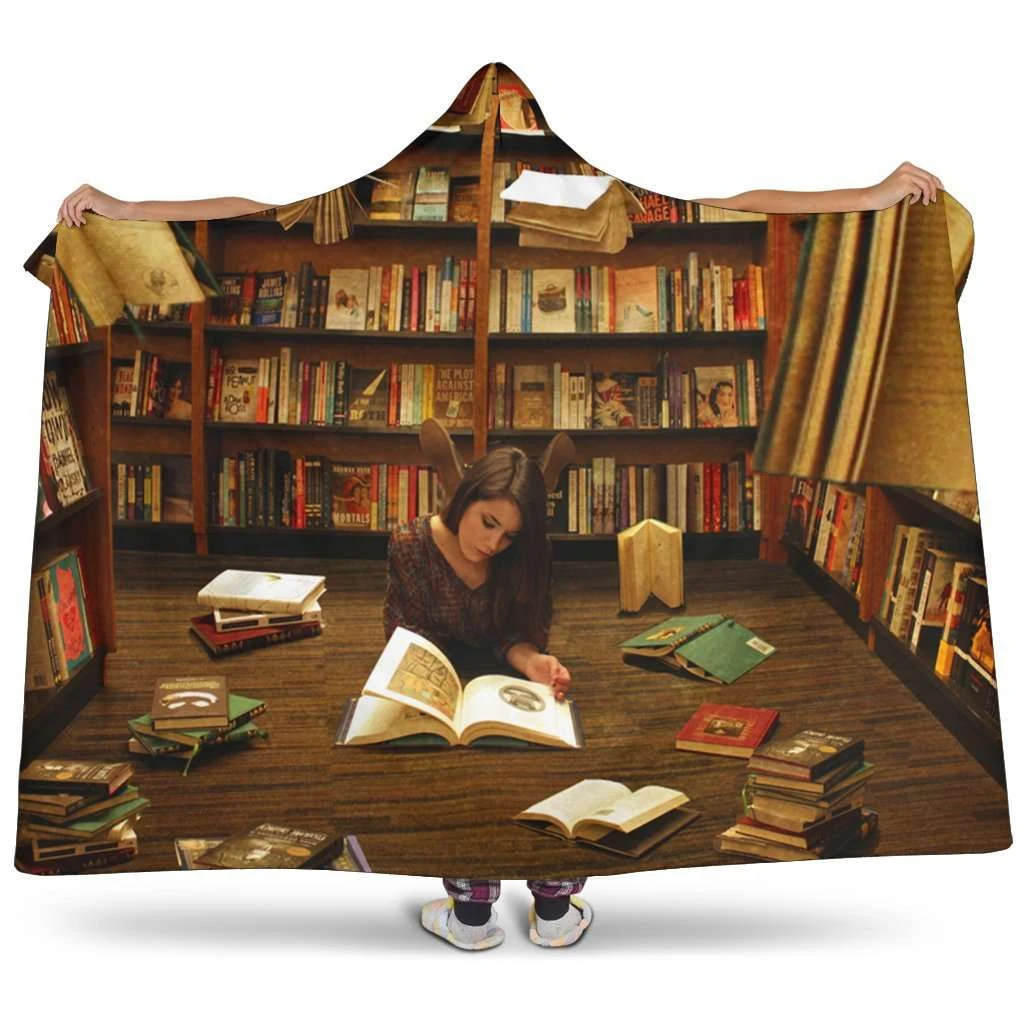 Reading At Library Hooded Blanket 3 Reading At Library Hooded Blanket
