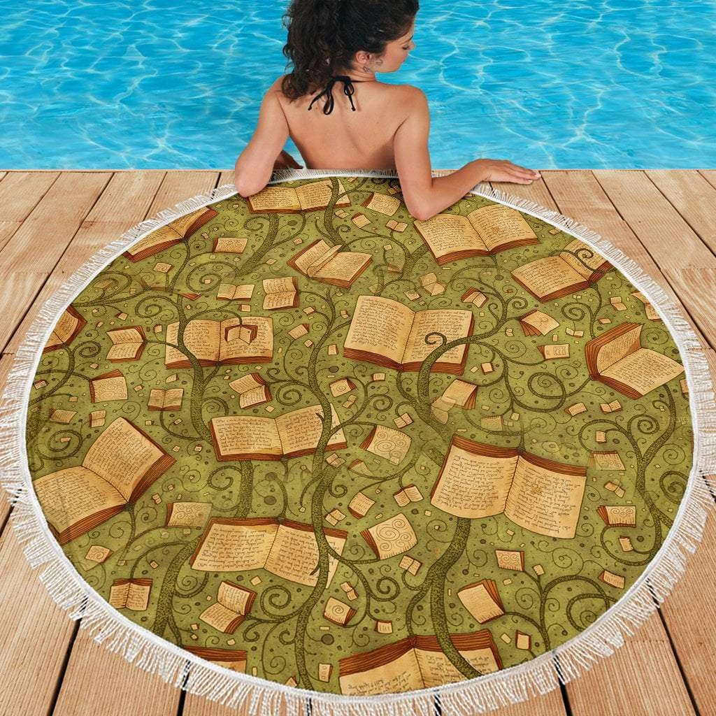 Green Bookish Round Beach Blanket 4 Green Bookish Round Beach Blanket - Image 2