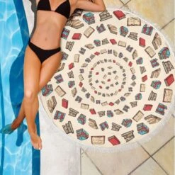 Light Brown Bookish Round Beach Blanket -Home Fashion Store front 3 9645c931 7bf2 4ff0 b94d 24b8c187d222
