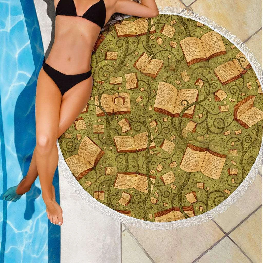 Green Bookish Round Beach Blanket 5 Green Bookish Round Beach Blanket - Image 3